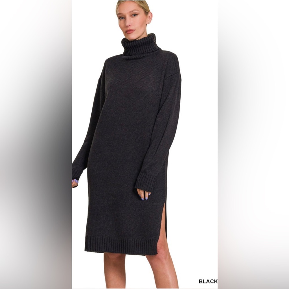 New Zenana Elegant Black Knit turtleneck midi Dress size Large 🌸🌺🌹 BG 08